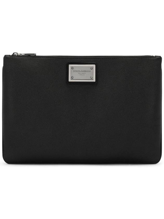 Metal Logo Grain Calfskin Clutch Bag Black - DOLCE&GABBANA - BALAAN 2