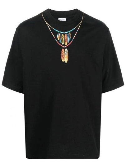 Feather Necklace Over Short Sleeve T-Shirt Black - MARCELO BURLON - BALAAN 2