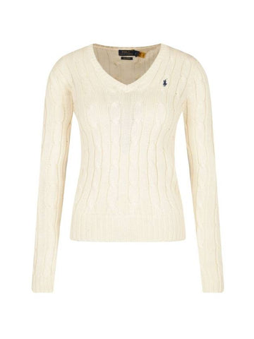 V-neck Embroidered Pony Cable Knit Top Cream - POLO RALPH LAUREN - BALAAN 1