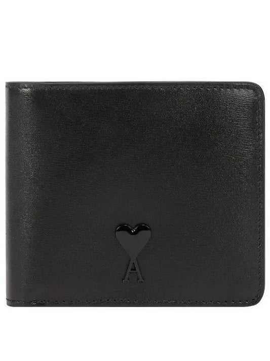 Heart Logo Bi Fold Leather Half Wallet Black - AMI - BALAAN 2