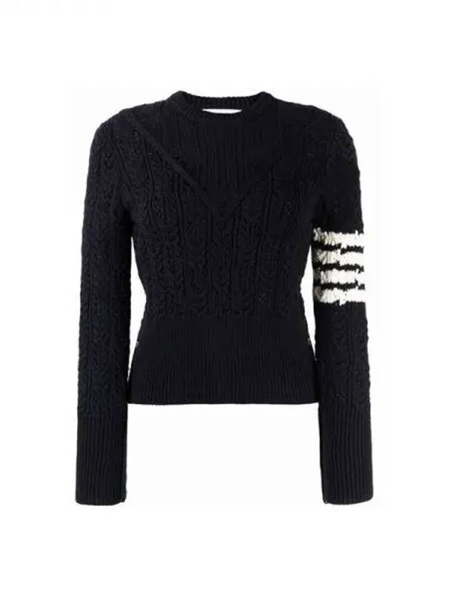 Women's 4 Bar Irish Pointelle Cable Merino Wool Knit Top Navy - THOM BROWNE - BALAAN 2