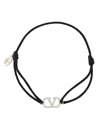 Silver Signature V Logo Cotton Bracelet Black - VALENTINO - BALAAN 1