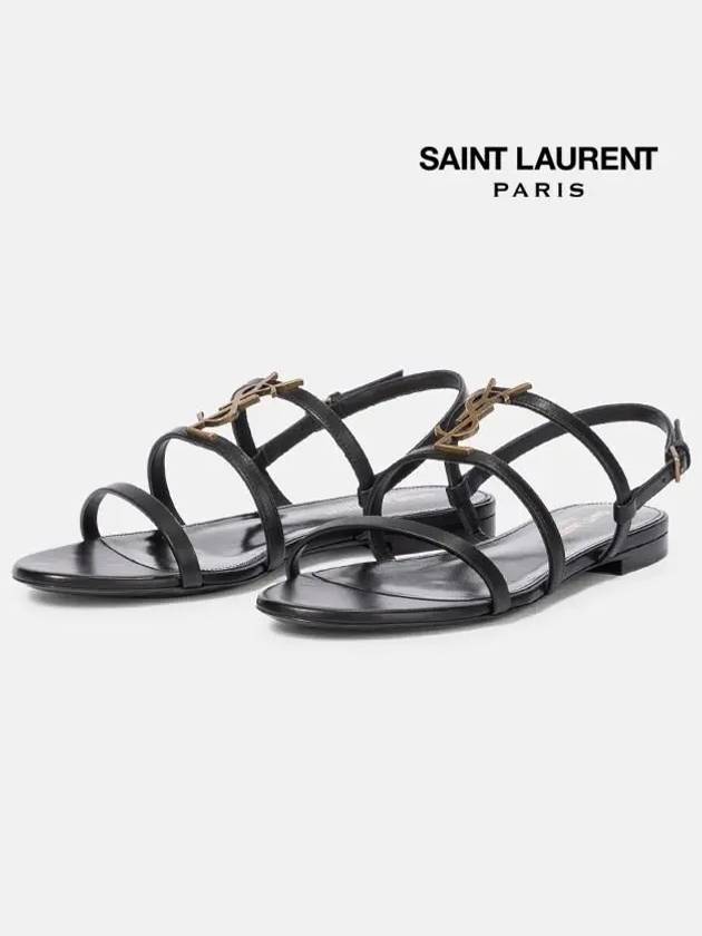 Women's Smooth Leather Gold Tone Monogram Detail Cassandra Flat Sandals Black - SAINT LAURENT - BALAAN 5