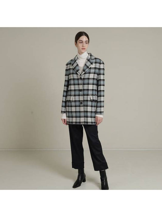 Superfine Wool Check Midi Single Coat Blue - RS9SEOUL - 1