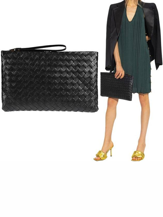 Intrecciato Large Clutch Bag Black - BOTTEGA VENETA - BALAAN.