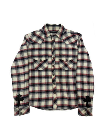 SM CH Men s Cross Leather Patch Flannel Shirt - CHROME HEARTS - BALAAN 1