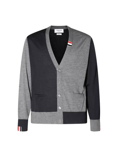 Fun Mix Fine Merino Jersey Stripe Relaxed V-Neck Cardigan Navy Grey - THOM BROWNE - BALAAN 1