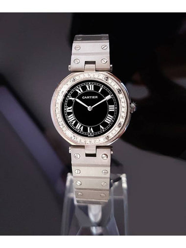 Santos Circular Black Roman Dial Women Diamond Steel Watch - CARTIER - BALAAN 1