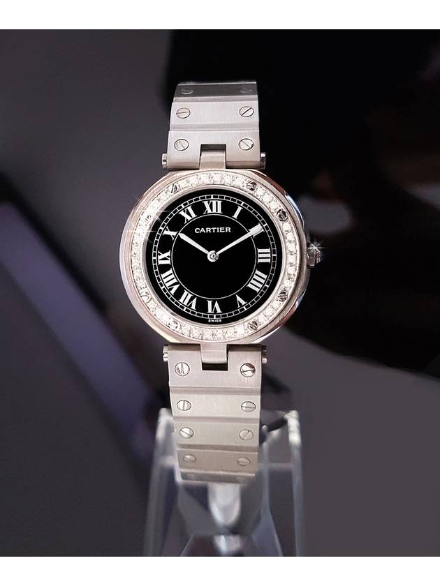 Santos Circular Black Roman Dial Women Diamond Steel Watch - CARTIER - BALAAN 9