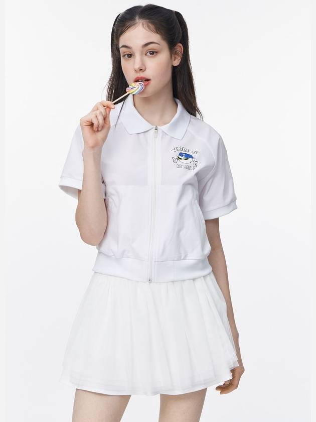 Where Is My Ball Collar Woven Short Sleeve Zip Up White Women's - GOXO - BALAAN 1