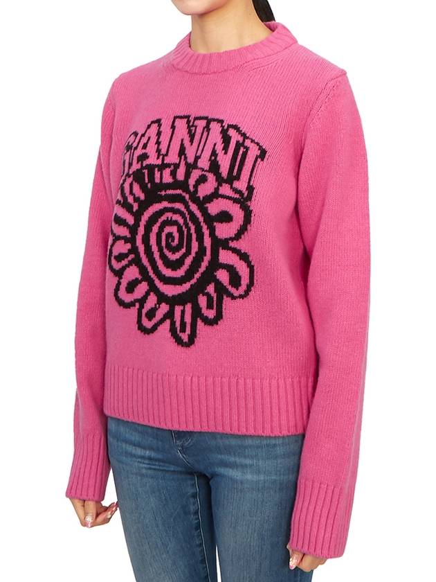 Pink Flower Graphic O-Neck Knit Top Pink - GANNI - BALAAN 3