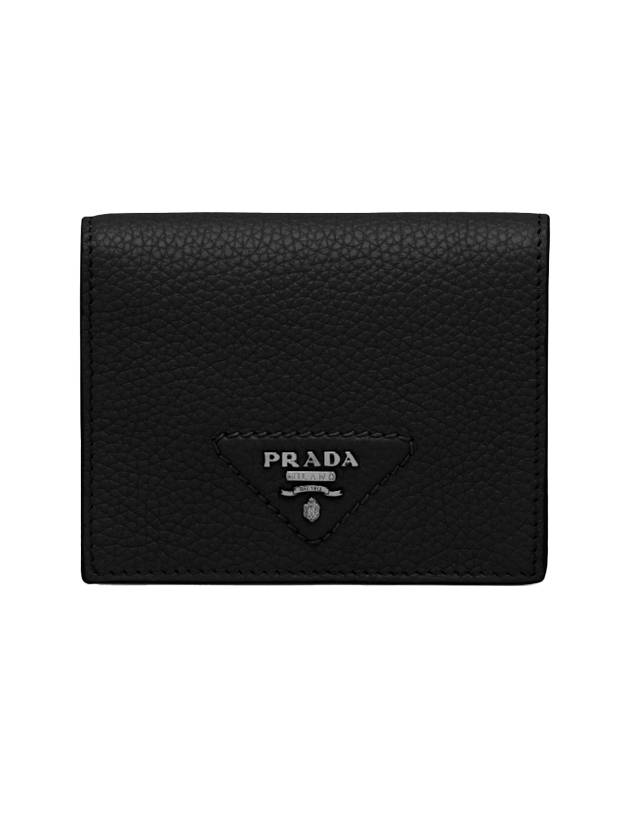 Triangle Logo Stitch Leather Half Wallet Black - PRADA - BALAAN.