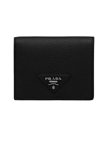 Triangle Logo Stitch Leather Half Wallet Black - PRADA - BALAAN 1