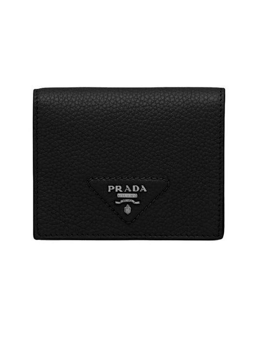 Triangle Logo Stitch Leather Half Wallet Black - PRADA - BALAAN 1