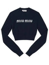 Print Logo Crop Wool Cashmere Knit Top Navy - MIU MIU - BALAAN 4