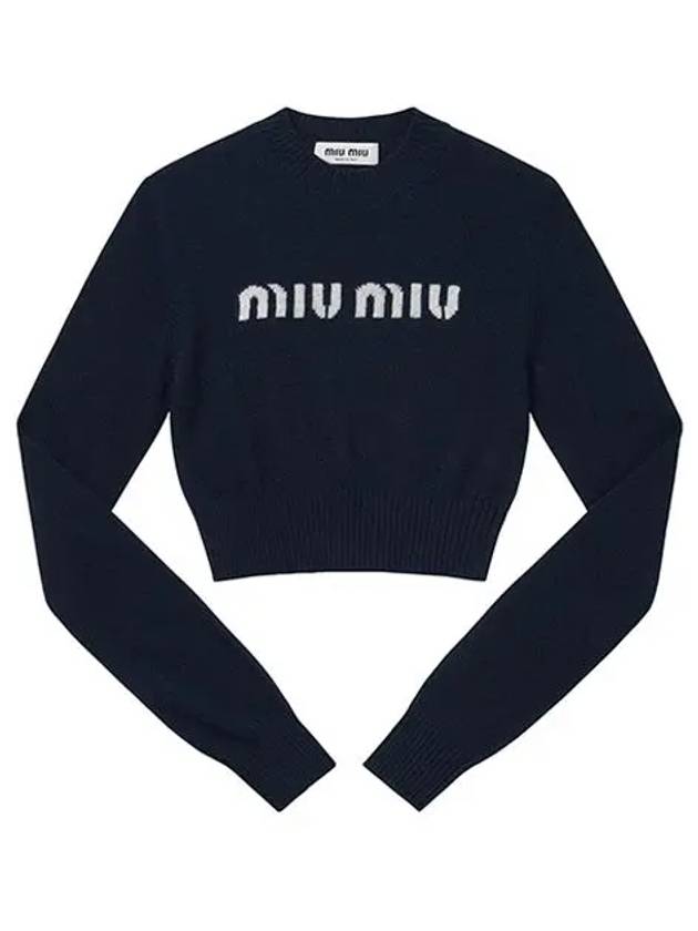 Print Logo Crop Wool Cashmere Knit Top Navy - MIU MIU - BALAAN 4