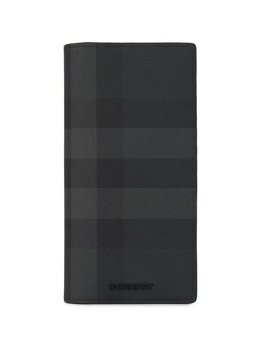 Logo Checked Leather Long Wallet Charcoal - BURBERRY - BALAAN 2