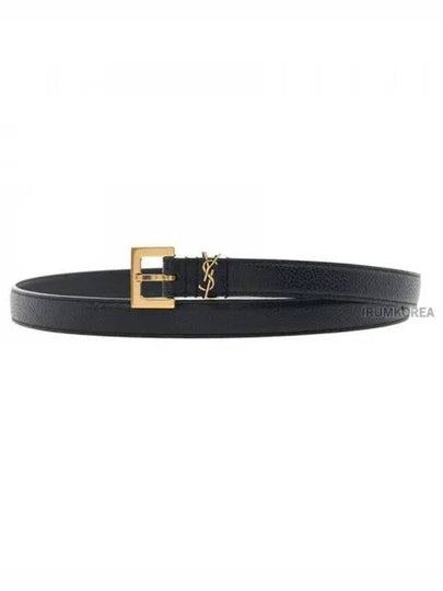 Cassandre Grained Leather Square Buckle Thin Belt Black - SAINT LAURENT - BALAAN 2