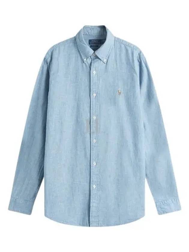 Men's Embroidered Logo Custom Fit Chambray Long Sleeve Shirt Blue - POLO RALPH LAUREN - BALAAN 2