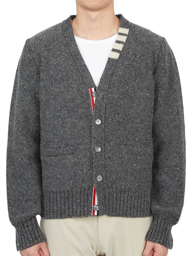 Reverse Jersey Stitch Donegal 4-Bar V-Neck Cardigan Grey - THOM BROWNE - BALAAN 4