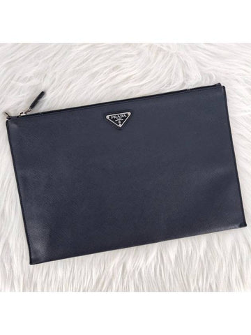 Saffiano triangle logo clutch bag navy - PRADA - BALAAN 1