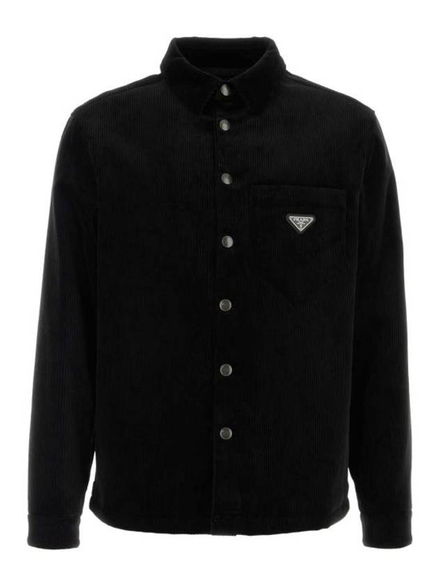 Corduroy Enamel Triangle Logo Long Sleeve Shirt Black - PRADA - BALAAN 2