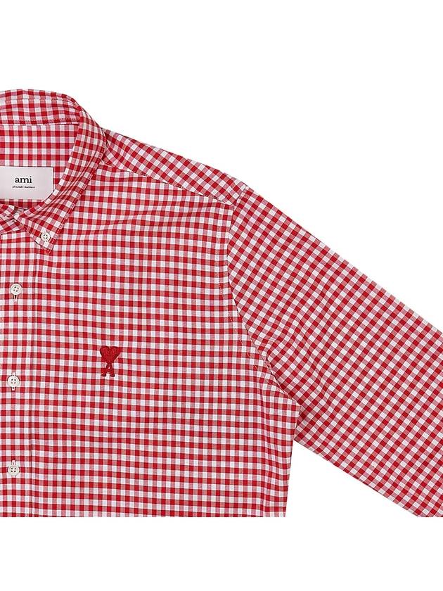 Small Heart Logo Gingham Button Long Sleeves Shirt Red - AMI - BALAAN 5