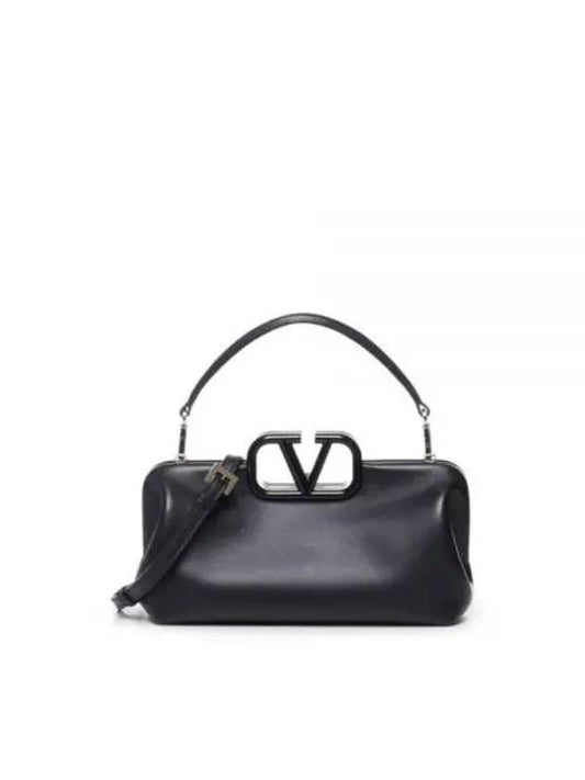 V Logo Plaque Detail Leather Tote Bag Black - VALENTINO - BALAAN 2