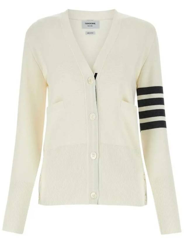 Milano Stitch 4 Bar Classic V Neck Fine Merino Wool Cardigan White - THOM BROWNE - BALAAN 3