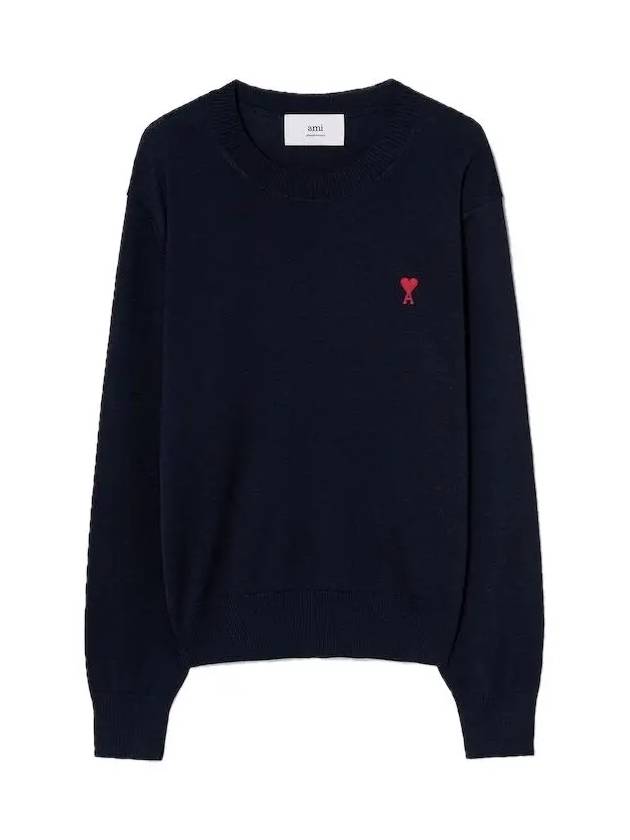 Heart Embroidered Logo Crew Neck Knit Top Navy - AMI - BALAAN 2