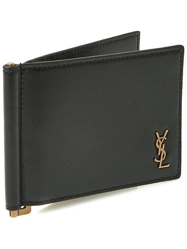 Tiny Cassandre Gold Monogram Logo Money Clip Card Wallet Black - SAINT LAURENT - BALAAN.