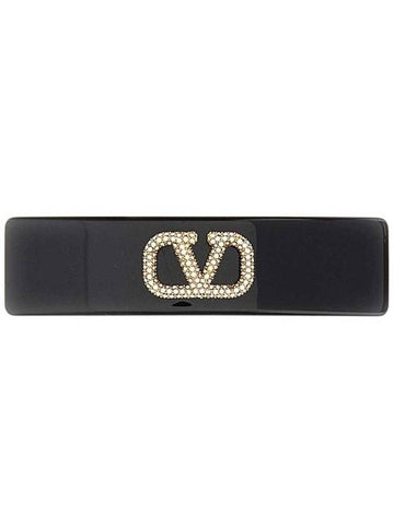 V Logo Signature Metal Resin Hair Clip Black - VALENTINO - BALAAN 1