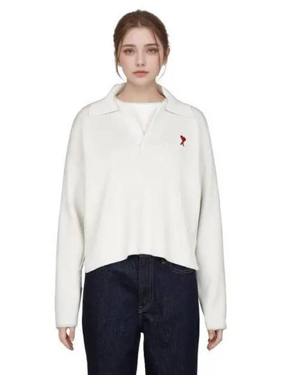 Small Heart Long Sleeve Polo Shirt White - AMI - BALAAN 2