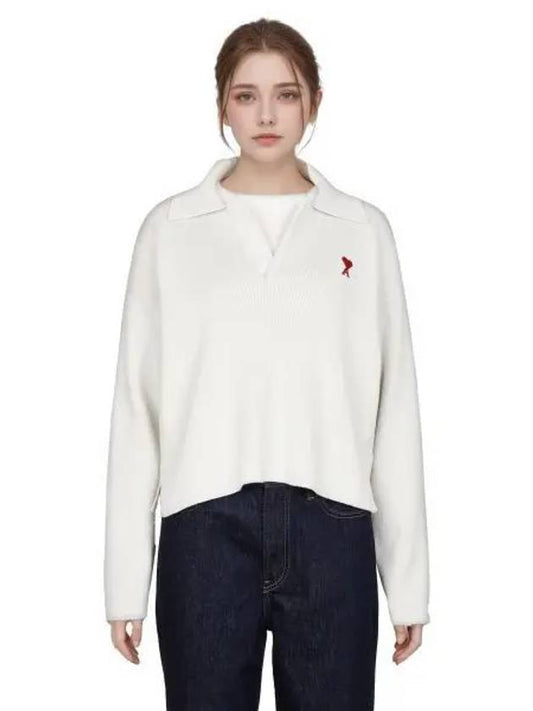 Small Heart Long Sleeve Polo Shirt White - AMI - BALAAN 2