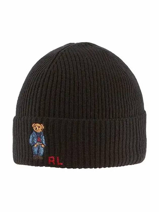 Embroidered Denim Bear Wool Beanie Black - POLO RALPH LAUREN - BALAAN.