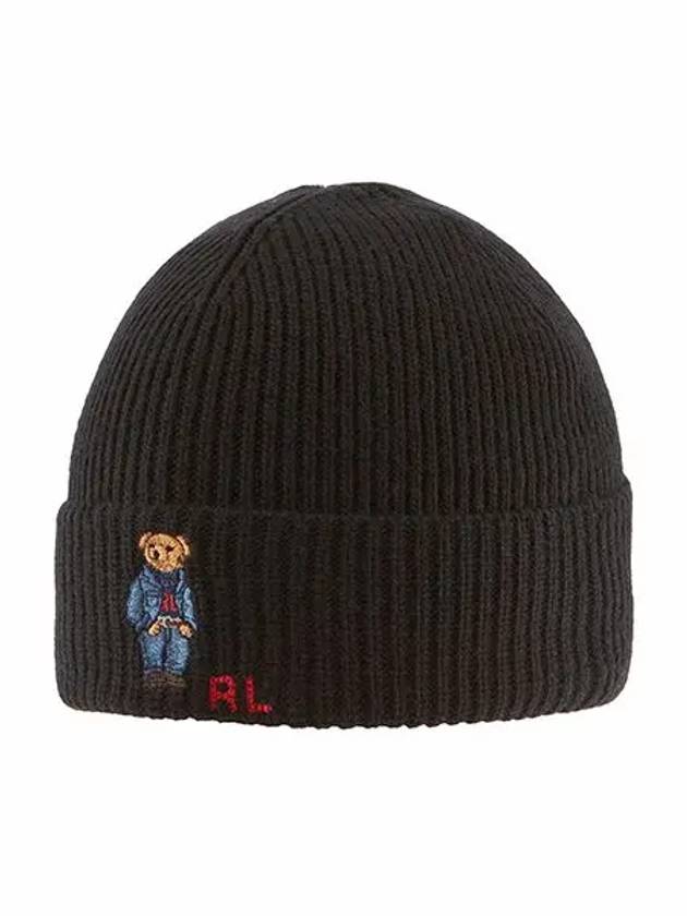 Embroidered Denim Bear Wool Beanie Black - POLO RALPH LAUREN - BALAAN 2