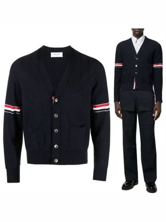 RWB V-neck Striped Virgin Wool Cardigan Navy - THOM BROWNE - BALAAN 2