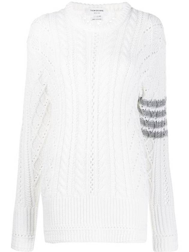 Women's Merino Wool Aran Cable Relaxed Knit Top White - THOM BROWNE - BALAAN 1