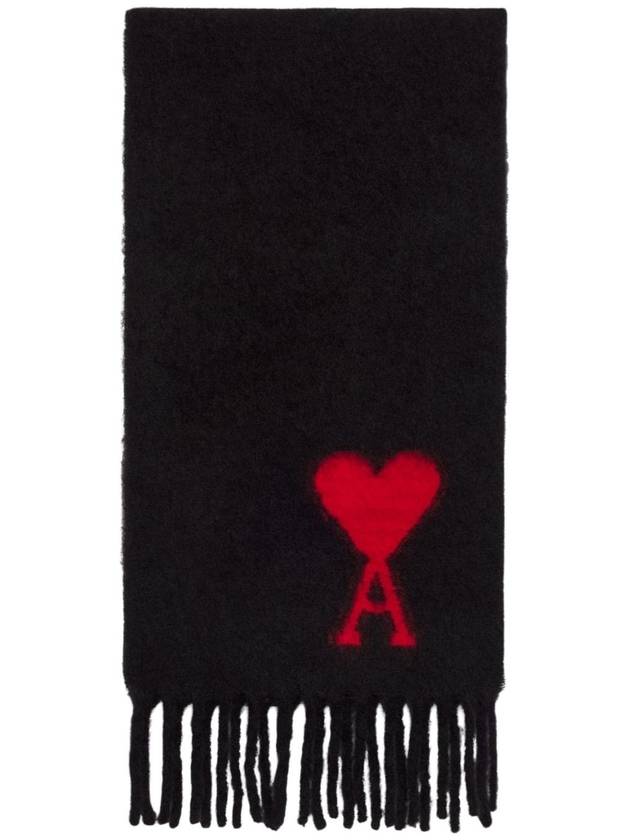 Heart Logo Oversized Wool Fringe Scarf Black - AMI - BALAAN.