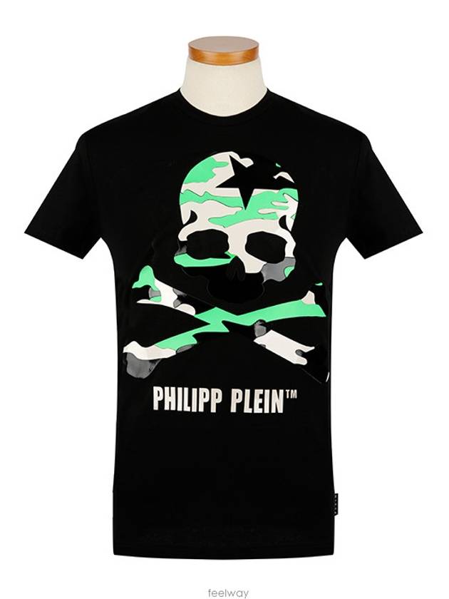 Green Camo Skull Cotton Short Sleeve T-Shirt Black - PHILIPP PLEIN - BALAAN 3