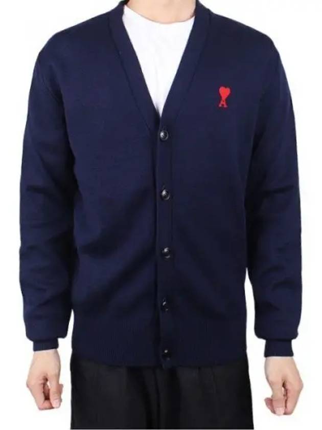 Small Heart Logo Wool Cardigan Navy - AMI - BALAAN 2