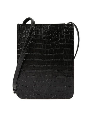 Logo Crocodile Leather Vertical Pouch Cross Bag Black - AMI - BALAAN 1