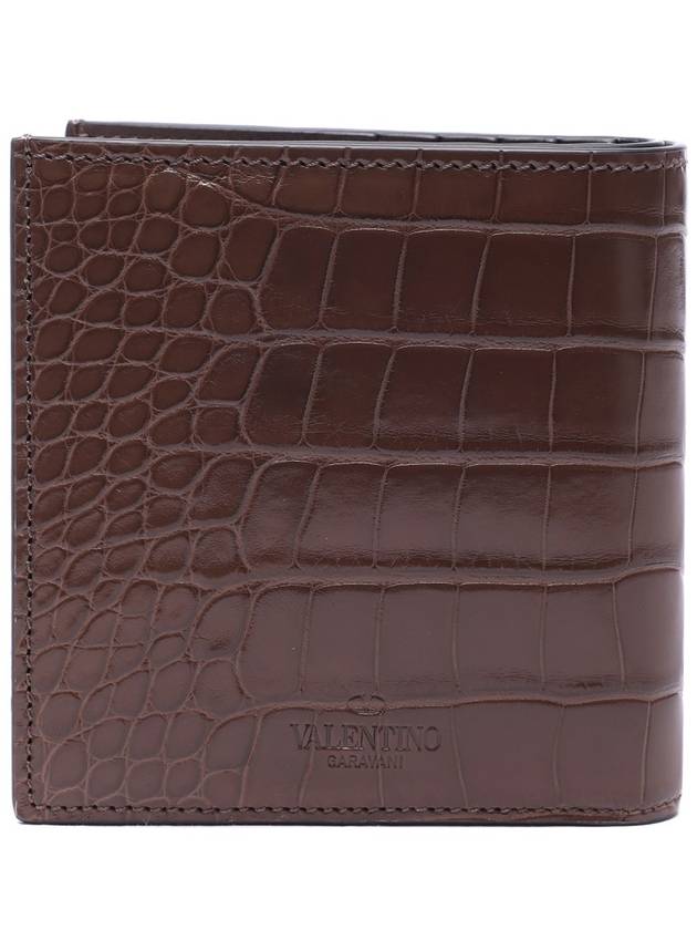 V Logo Crocker Effect Half Wallet Brown - VALENTINO - BALAAN 5