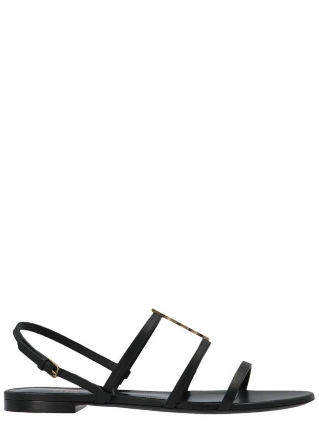 Women's Smooth Leather Gold Tone Monogram Detail Cassandra Flat Sandals Black - SAINT LAURENT - BALAAN 7