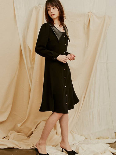 Francisella Leather Collar Flare Midi Dress Black - SORRY TOO MUCH LOVE - BALAAN 1