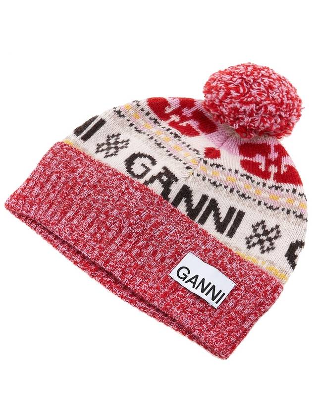 Logo Graphic Intarsia Knit Beanie Red - GANNI - BALAAN 4