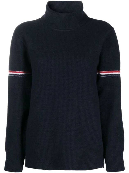 Women's Overwashed Cashmere Heritage Waffle Stitch Striped Turtleneck Navy - THOM BROWNE - BALAAN 1