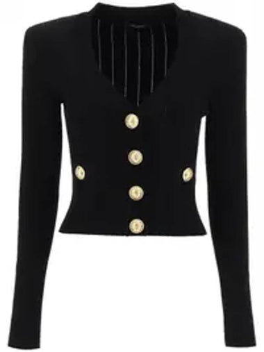 Button V-Neck Rib Knit Cardigan Black - BALMAIN - BALAAN 1