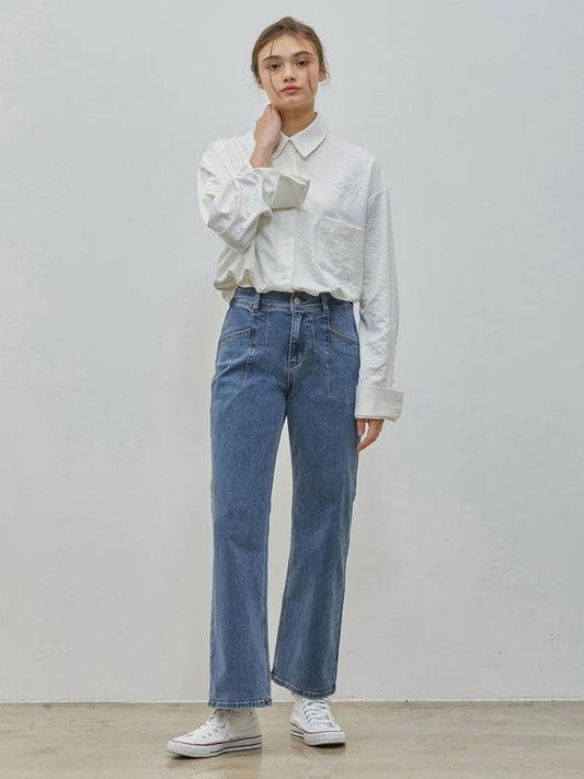 High Waist Back Band Straight Jeans Blue - RYUL+WAI: - BALAAN 2