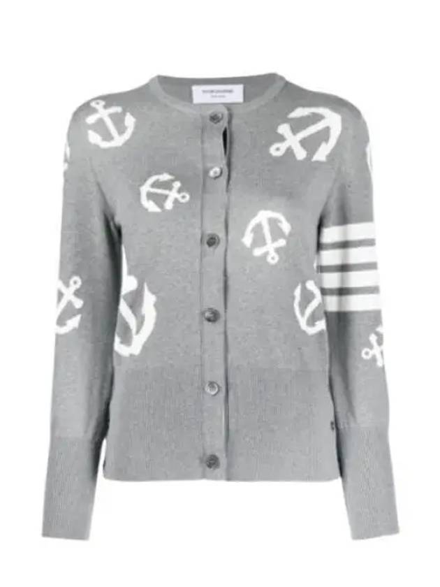 Cotton Anchor Intarsia 4-Bar Crewneck Cardigan Grey - THOM BROWNE - BALAAN 2